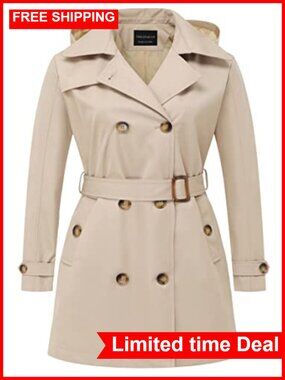 Plus Size Trench Coat Double Breasted Belted Overcoat Detachable Hood Midi